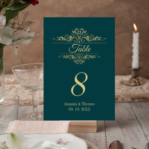 Petrol green elegant golden frame wedding table number