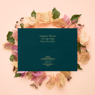 Petrol green elegant golden wedding invitation envelope