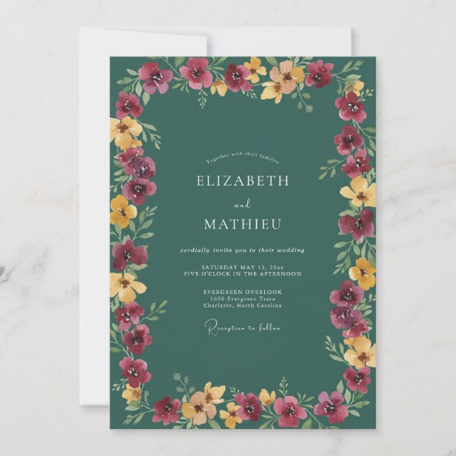 Petrol Magenta Wildflower Wedding Invitation (Front)