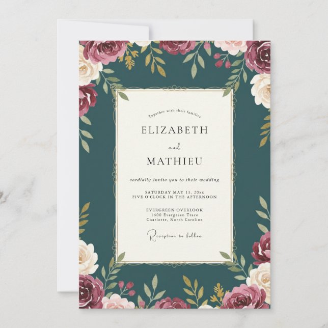 Petrol Maroon Petal Wedding Invitation (Front)