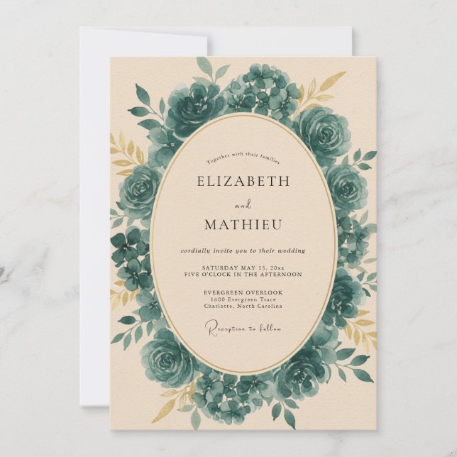 Petrol Peony Wreath Wedding Invitation (Front)