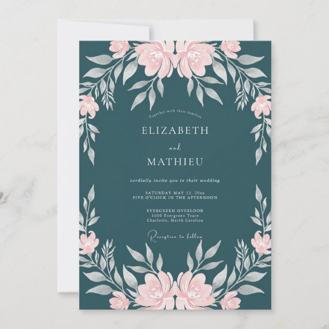 Petrol Pink Ranunculus Eucalyptus Wedding Invitation (Front)