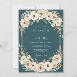 Petrol Rose Wreath Wedding Invitation
