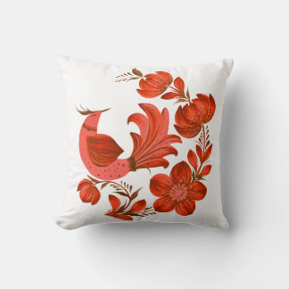 Petrykivka Inspired Red Bird & Floral Folk Art Cushion