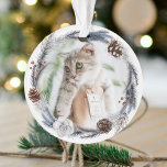 Pets 1st Christmas Winter Wreath Christmas Ornament<br><div class="desc">Celebrate your pet's first Christmas in his or her forever home with this cute keepsake ornament. The design features a festive watercolor winter wreath of acorns and botanical foliage and a photograph of your pet. Customise the other side with your pet's name in calligraphy handwriting script, along with your choice...</div>