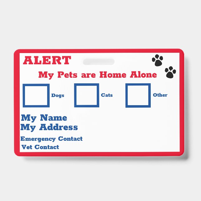 Pets Alert Wallet Card  ID Badge (Front)