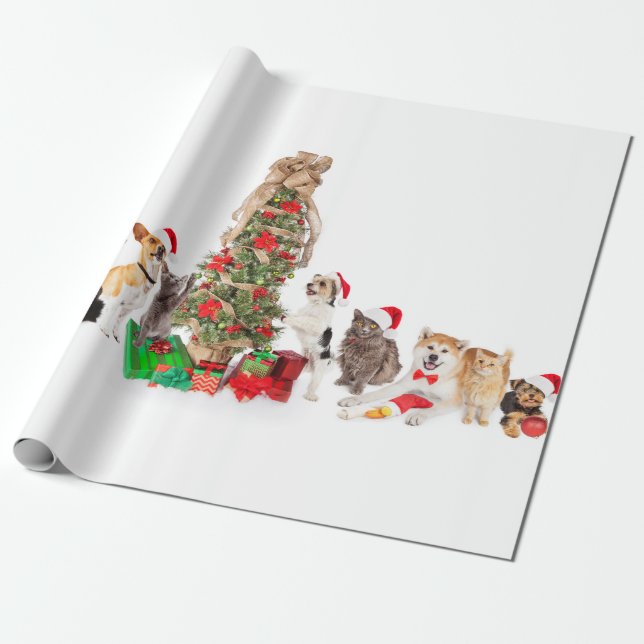 Pets around the Christmas Tree Wrapping Paper (Unrolled)