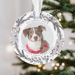 Pet's First Christmas 2 Photo Festive Wreath Ornament<br><div class="desc">Celebrate your pet's first Christmas in his or her forever home with this cute keepsake ornament. The design features a festive watercolor winter wreath and two different photographs of your pet. Customise your pet's name in and year making this the perfect keepsake gift!</div>