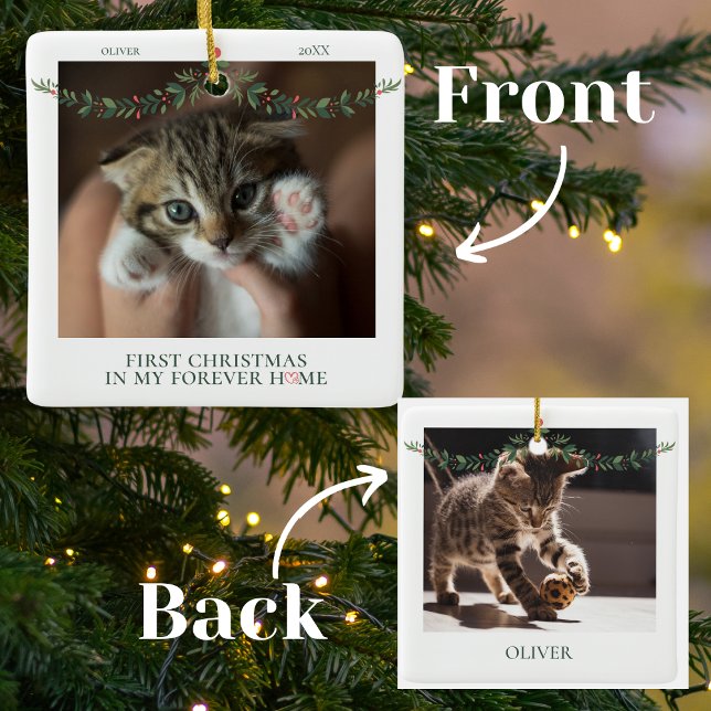 Pet's First Christmas in Forever Home Name & Date Ceramic Ornament (Creator Uploaded)