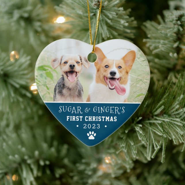  Pet's First Christmas Paw Print Blue Photo Ceramic Tree Decoration (Tree)
