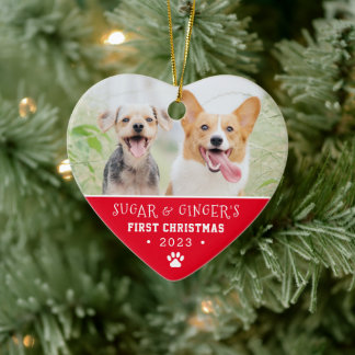  Pet's First Christmas Paw Print Bright Red Photo Ceramic Tree Decoration