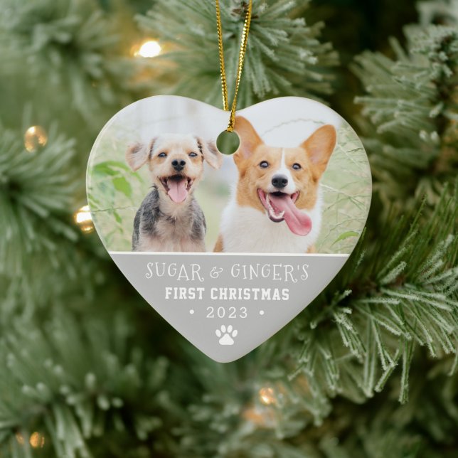  Pet's First Christmas Paw Print Grey Photo Ceramic Tree Decoration (Tree)