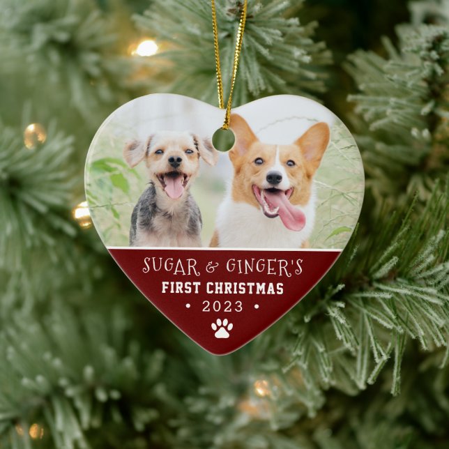  Pet's First Christmas Paw Print Red Photo Ceramic Tree Decoration (Tree)