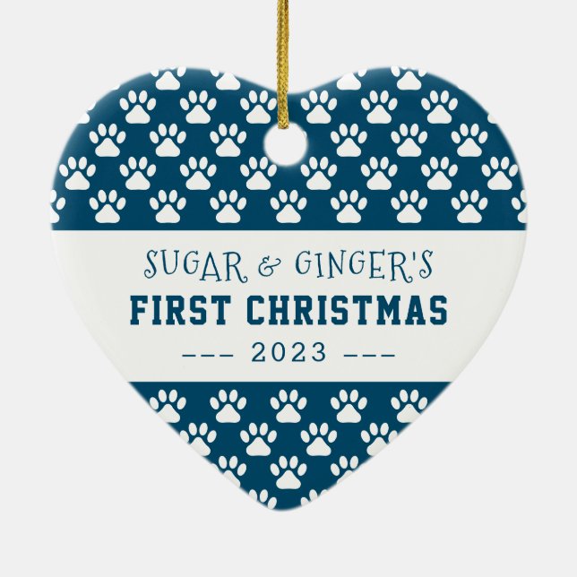  Pet's First Christmas Paws Blue Full Photo Ceramic Tree Decoration (Back)