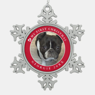 Pet's First Christmas Photo Snowflake Pewter Christmas Ornament