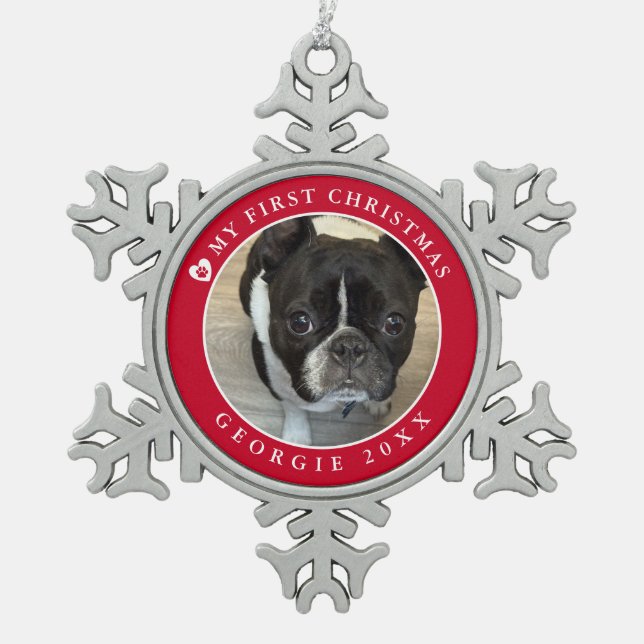 Pet's First Christmas Photo Snowflake Pewter Christmas Ornament (Front)