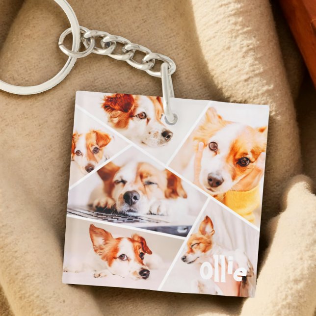 Pets Modern Simple Custom 6 Images Collage Photo Key Ring (Creator Uploaded)