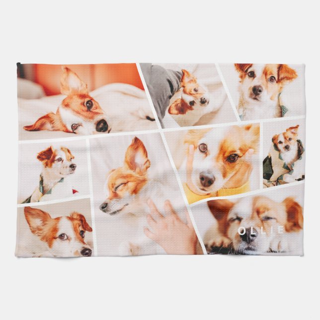 Pets Modern Simple Custom 9 Photos Collage Tea Towel (Horizontal)