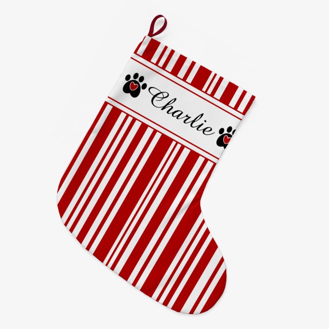 Pet's Paw Print and Candy Cane Stripes Large Christmas Stocking (Front (Hanging))