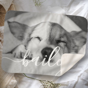 Pet's Simple Modern Elegant Chic Name and Photo Sherpa Blanket