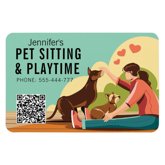 Petsitting & Playtime with QR code Dog Business  Magnet (Horizontal)