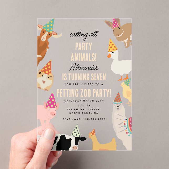 Petting Zoo Party Animals Barnyard Birthday Kids Acrylic Invitations (Insitu (Handheld))
