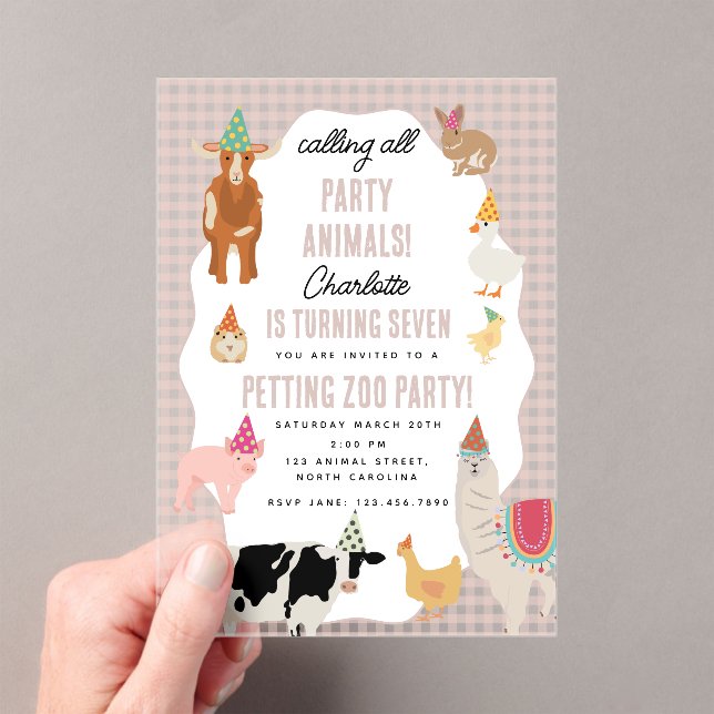 Petting Zoo Party Animals Barnyard Birthday Theme Acrylic Invitations (Insitu (Handheld))