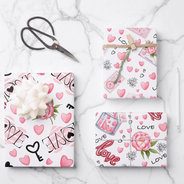 Petty Cute White & Pink Hearts Valentine's Day Wrapping Paper Sheet (Front)