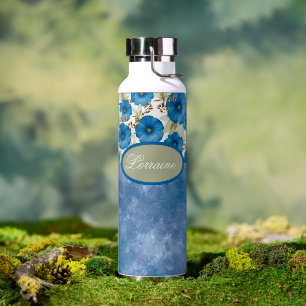 Petunia Flowers and White Washed Denim Look Water Bottle