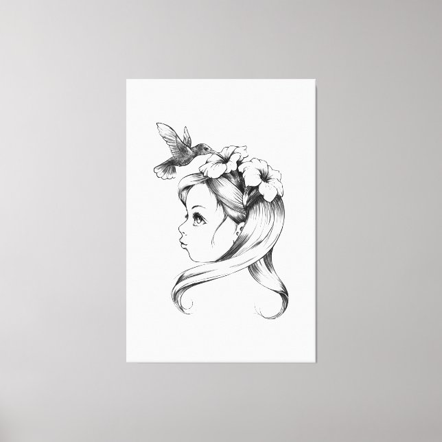 Petunia in a girl's hair, hummingbirds drink necta canvas print (Front)