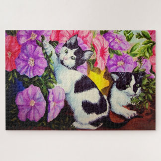 Petunias and kittens/cats in garden flowers play jigsaw puzzle