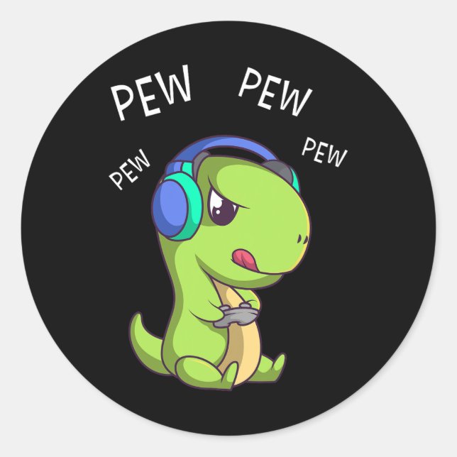 Pew Pew Cute T-rex Dinosaur Video Gamer Gaming 1  Classic Round Sticker (Front)