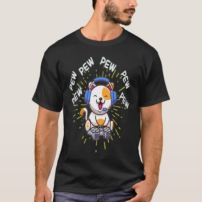 Pew Pew Gaming Cat Video Game Gaming Console Gamin T-Shirt (Front)