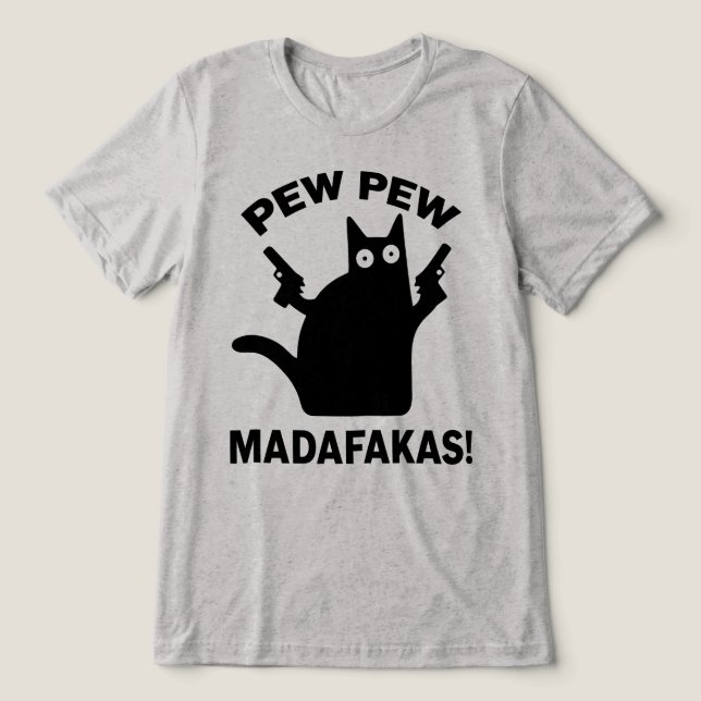 Pew Pew Madafakas Funny Minimalist Black Cat Tri-Blend Shirt (Design Front)