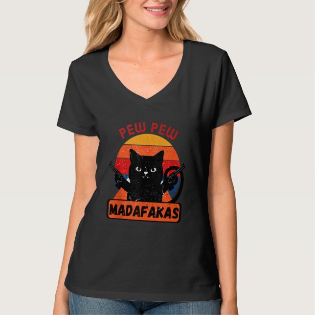 Pew Pew Madafakas Retro Cat T-Shirt (Front)