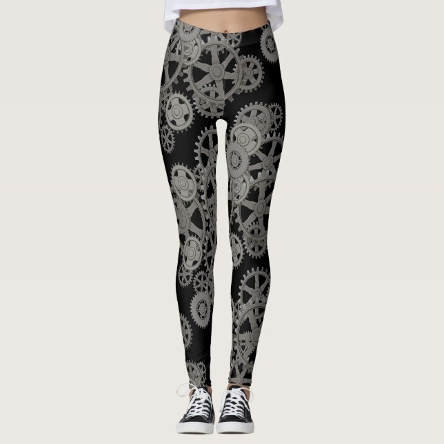 Pewter & Black Steampunk Gears Leggings (Front)