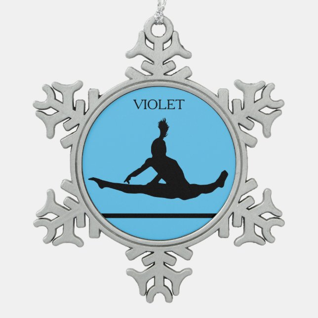 PEWTER GYMNASTICS SNOWFLAKE ORNAMENT. SNOWFLAKE PEWTER CHRISTMAS ORNAMENT (Front)