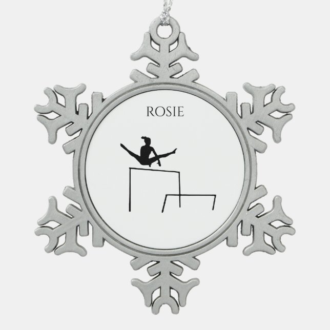 PEWTER GYMNASTICS SNOWFLAKE ORNAMENT. SNOWFLAKE PEWTER CHRISTMAS ORNAMENT (Front)
