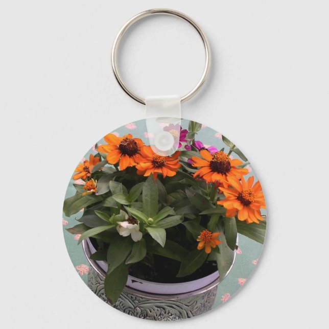 Pewter Pot Daisies Key Ring (Front)