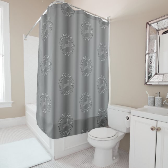 Pewter Reindeer and Wreath Christmas Shower Curtain (In Situ)