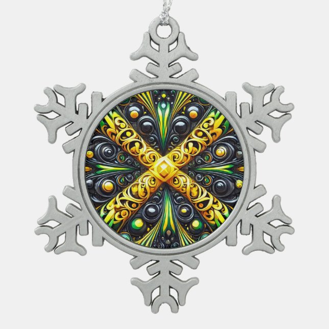 Pewter Snowflake Ornament with Jamaican Colours (Front)