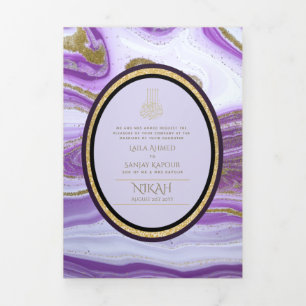 Pg NIKAH WALIMA Purple Gold Marble Agate Glitter T Tri-Fold Invitation