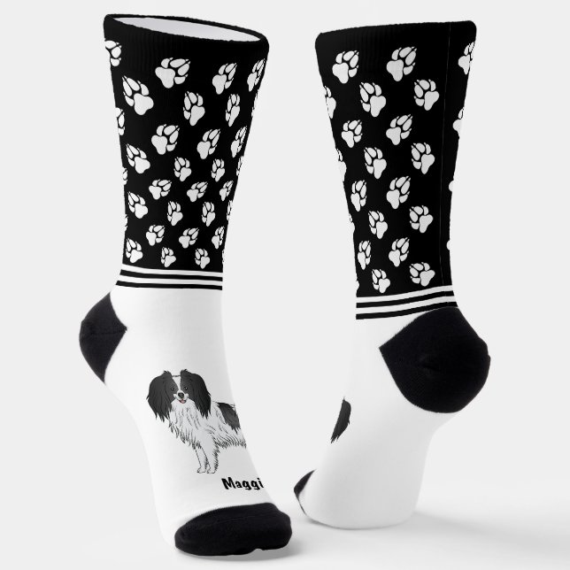 Phalène Black And White With Personalised Pet Name Socks (Angled)