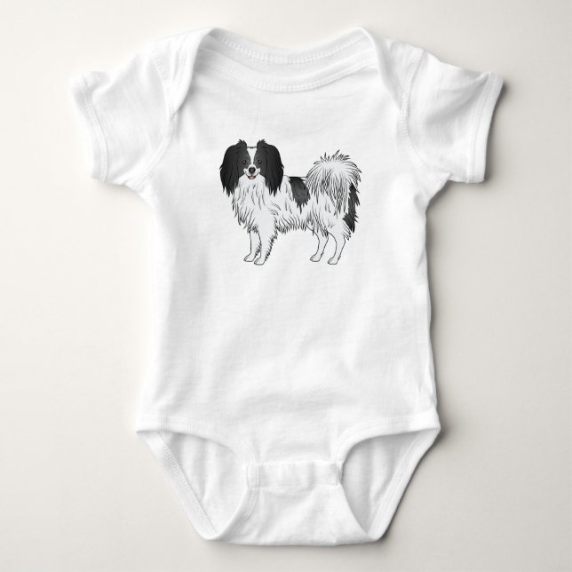 Phalène Dog In Black And White Happy Smiling Dog Baby Bodysuit (Front)