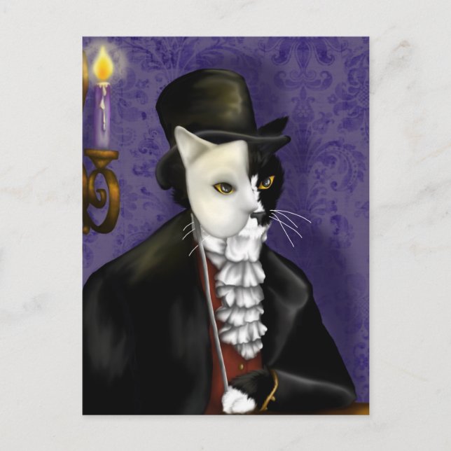 Phantom Cat Masked Tuxedo Cat Fantasy Art Postcard (Front)