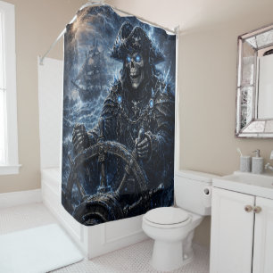 Phantom Skull Captain at the Helm – Blue Storm Got Shower Curtain