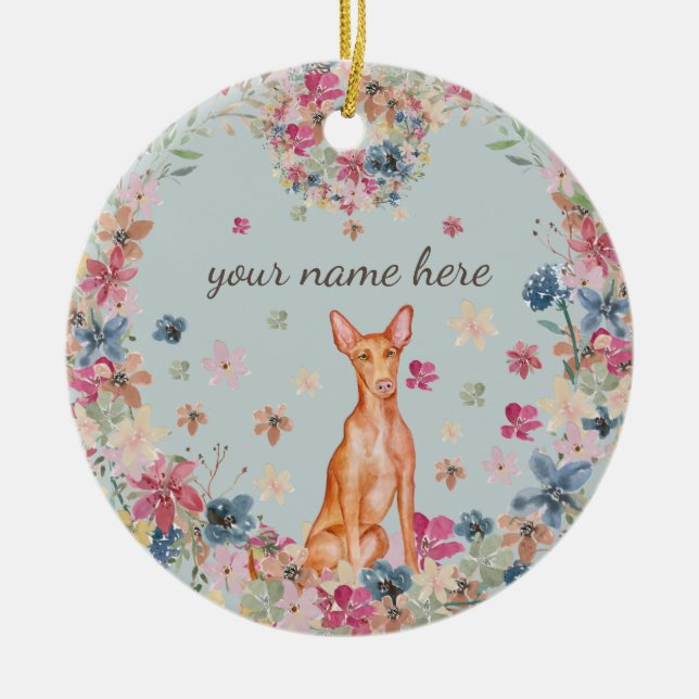 Pharaoh Dog Puppy flower print Ceramic Tree Decoration (Front)