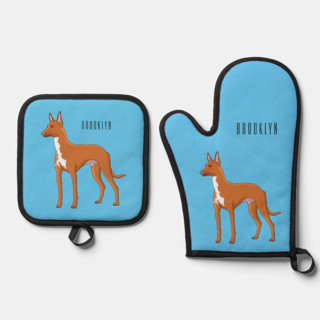 Pharaoh hound dog cartoon illustration oven mitt & pot holder set (Front)