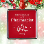 Pharmacist Elegant Red Christmas Ornament<br><div class="desc">First Christmas as a pharmacist red ornament for a graduate. Elegant holiday decor featuring Christmas trees and stars.</div>