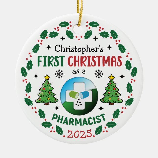 Pharmacist First Christmas Personalised Ceramic Tree Decoration (Front)